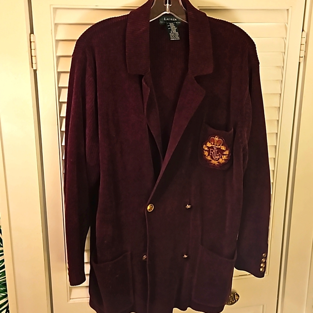 Vintage Chenille Burgundy Cardigan Double Breasted Crest M